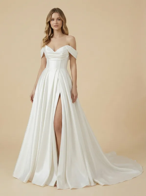 A-Line Off The Shoulder Side Slit Boning Maxi Long Satin Wedding Gowns Online sold by ChicSew