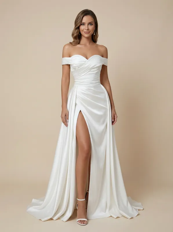Mermaid Off Shoulder Side Slit Ruched Maxi Long Satin Wedding Dresses Online sold by ChicSew