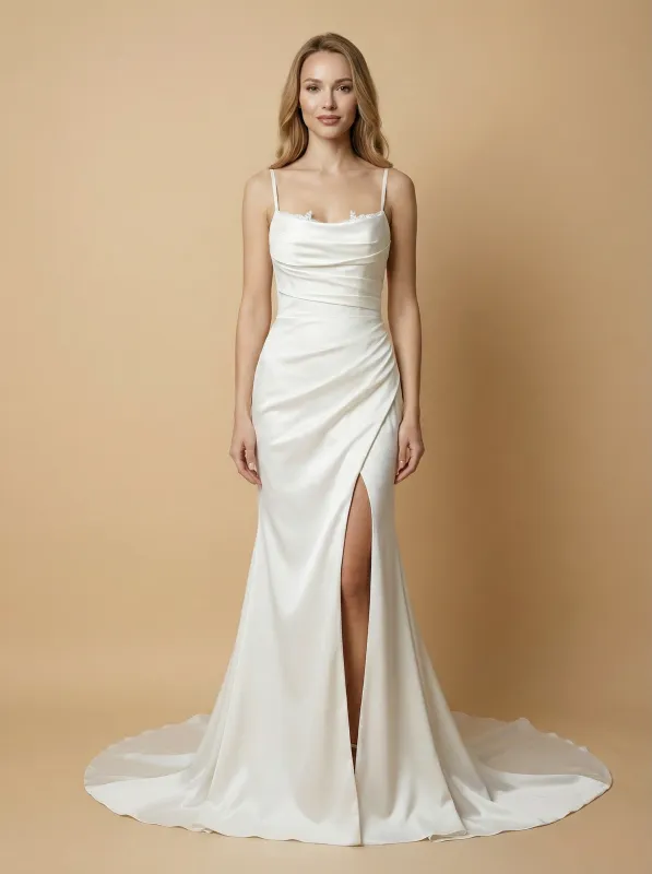 Mermaid Spaghetti Straps Square Side Slit Ruched Maxi Long Satin Wedding Dresses Online sold by ChicSew