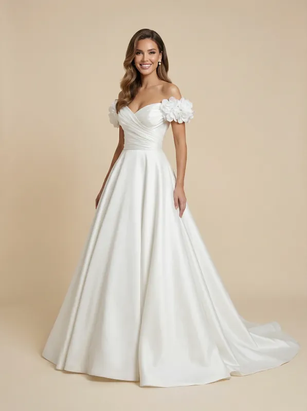A-Line Off The Shoulder Ruching Maxi Long Satin Wedding Gowns Online sold by ChicSew