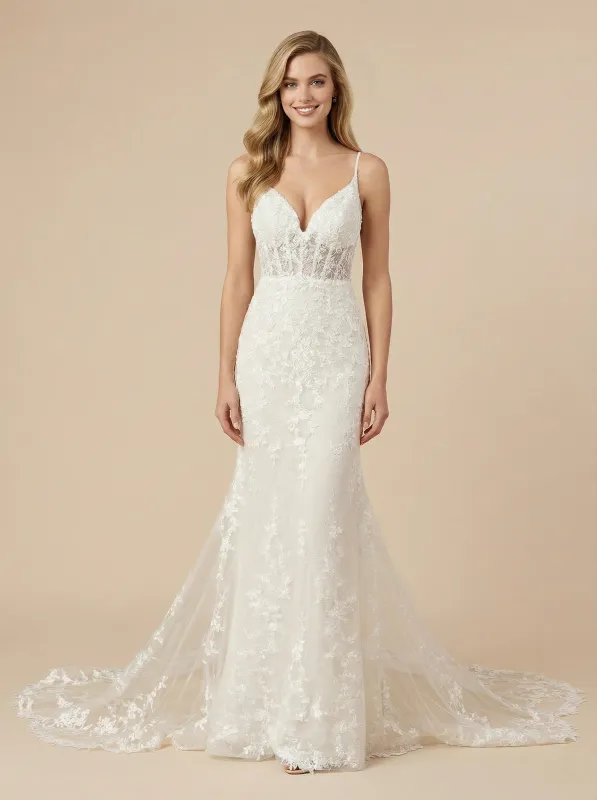 Spaghetti Straps Mermaid V-Neck Boning Maxi Long Lace Wedding Dresses Online sold by ChicSew