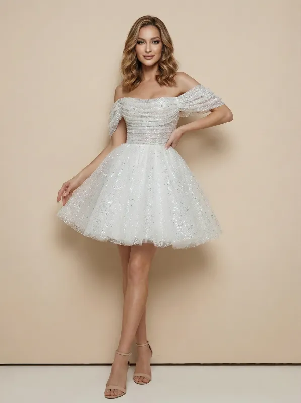 Cute Off Shoulder Sequin Ruched Short A-Line Wedding Dresses Online made by ChicSew