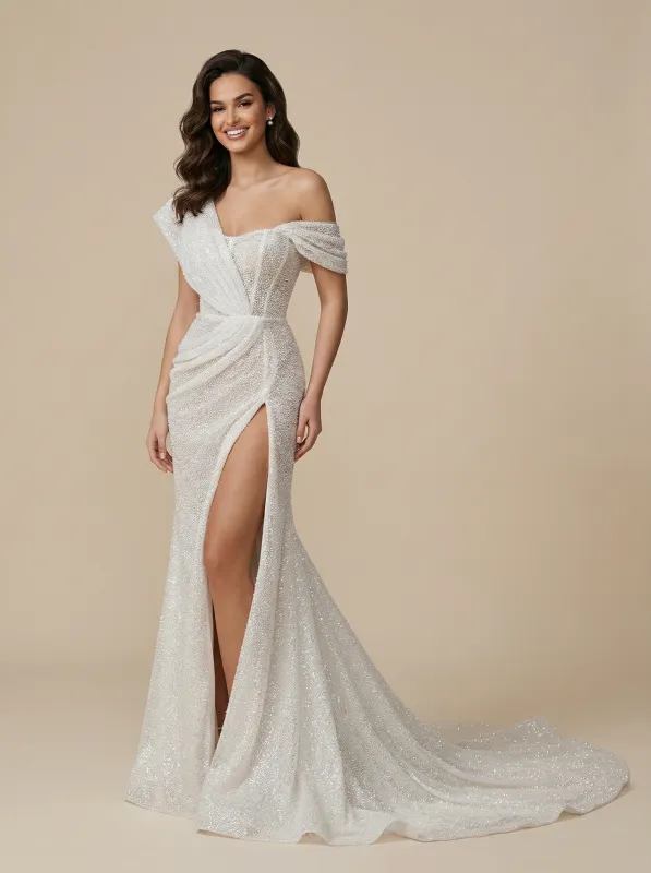 Mermaid Off Shoulder Side Slit Ruched Maxi Long Sequin Wedding Dresses Online sold by ChicSew