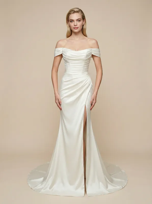 Mermaid Off Shoulder Side Slit Ruched Maxi Long Satin Wedding Dresses Online sold by ChicSew