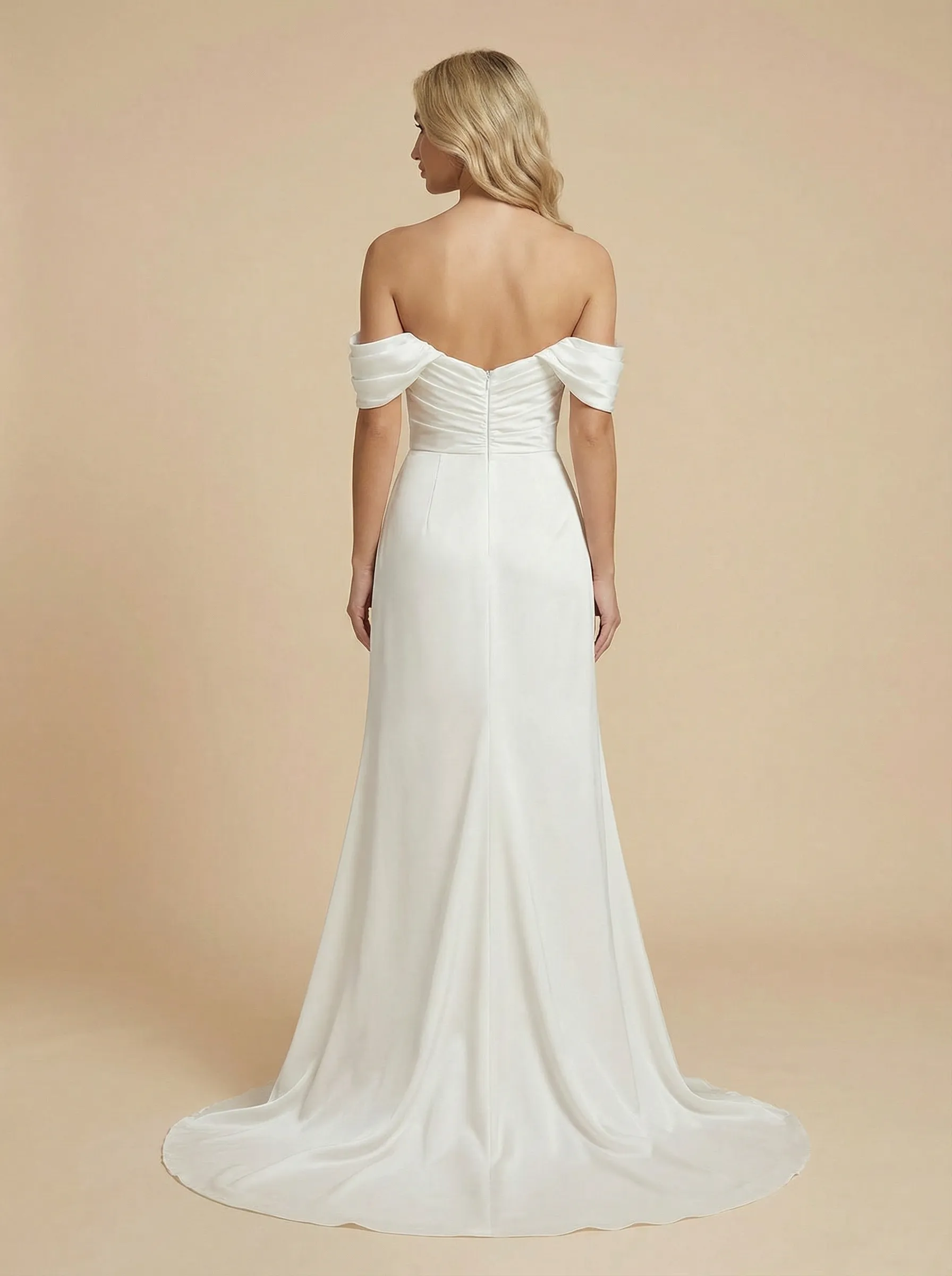 Mermaid Off Shoulder Side Slit Ruched Maxi Long Satin Wedding Dresses Online sold by ChicSew product image thumbnail 2