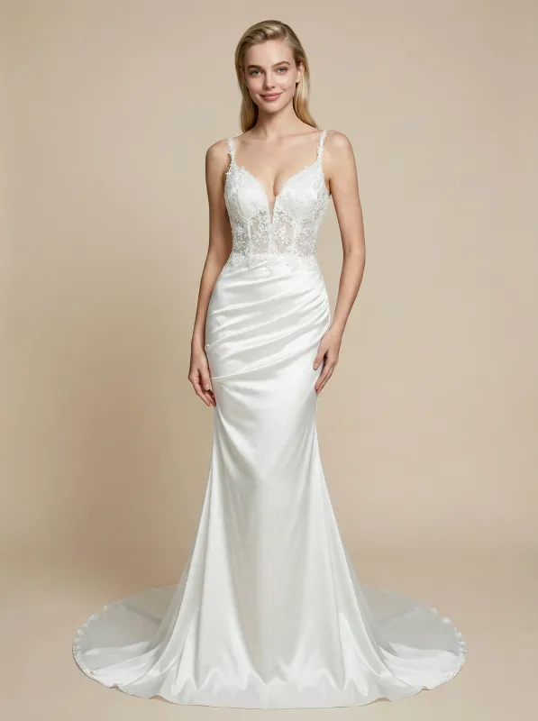 Mermaid Spaghetti Straps V-neck Lace Applique Maxi Long Satin Wedding Dresses Online sold by ChicSew