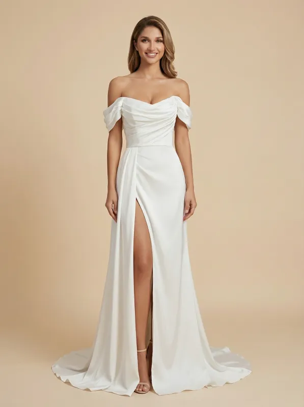 Mermaid Off Shoulder Side Slit Ruched Maxi Long Satin Wedding Dresses Online sold by ChicSew