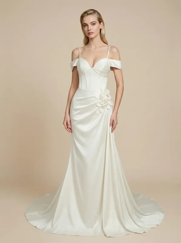 Mermaid Cold Shoulder Boning Maxi Long Satin Wedding Dresses Online With Flower sold by ChicSew