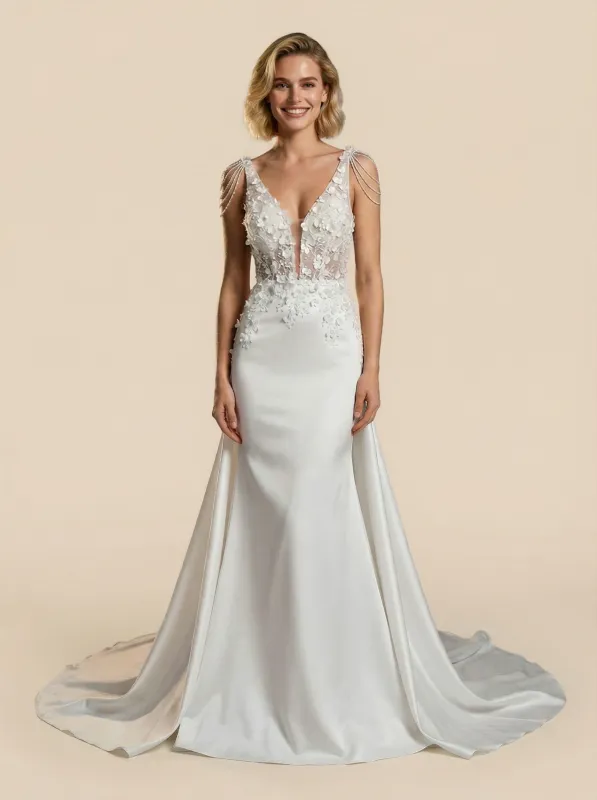 V-neck Mermaid Maxi Long Satin And Applique Wedding Dresses Online sold by ChicSew