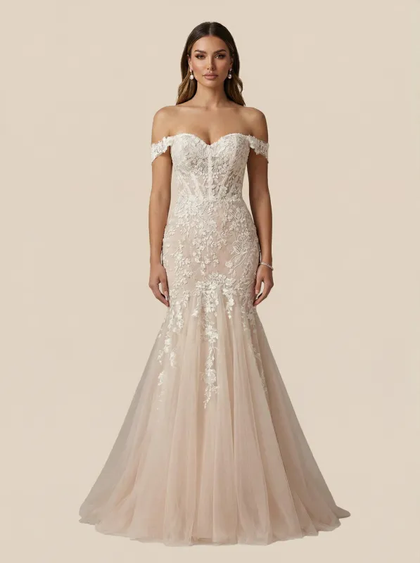 Mermaid Off Shoulder V-neck Maxi Long Lace Wedding Dresses Online sold by ChicSew