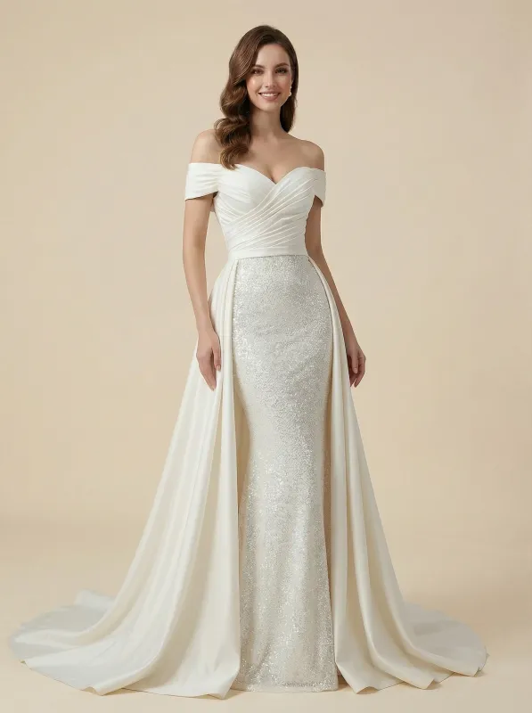 Mermaid Off Shoulder V-neck Maxi Long Satin And Sequin Wedding Dresses Online sold by ChicSew