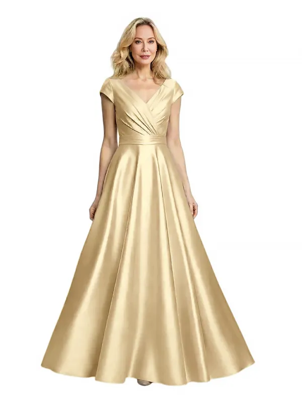 Elegant Satin V-neck Cap Sleeves A-line Long Mother Of The Bride Dresses sold by ChicSew