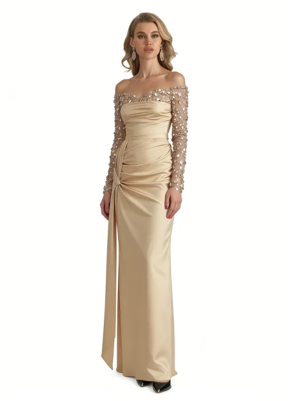 Elegant Long Sleeves Sequins Satin A-Line Long Formal Evening Gowns For Ladies sold by ChicSew