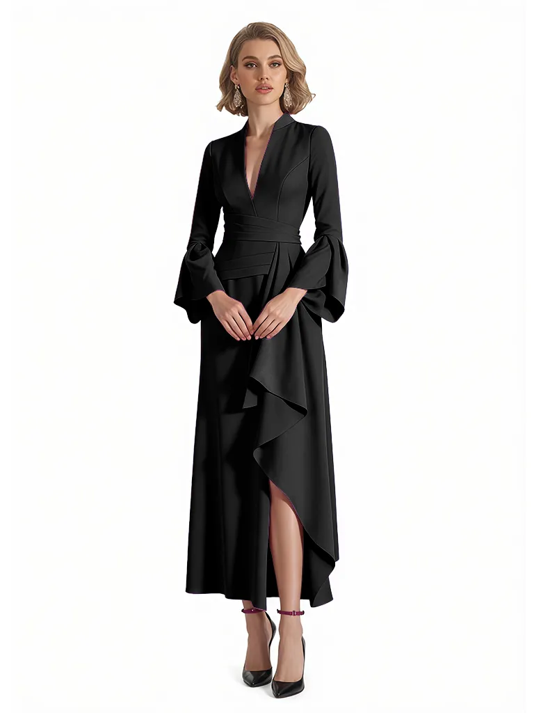 Sexy V-Neck Long Sleeves Stretchy Crepe Ruffle Ankle-Length Long Evening Gowns For Women sold by ChicSew product image thumbnail 4