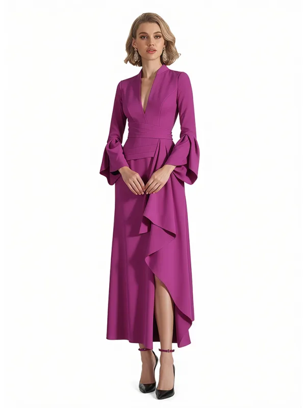 Sexy V-Neck Long Sleeves Stretchy Crepe Ruffle Ankle-Length Long Evening Gowns For Women sold by ChicSew