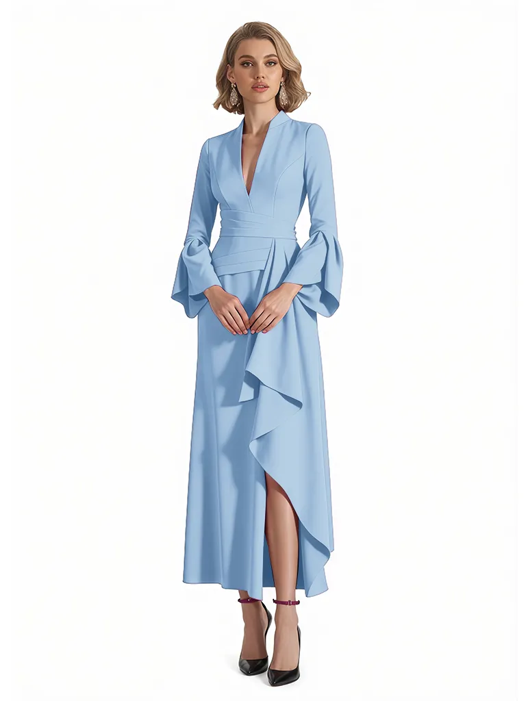 Sexy V-Neck Long Sleeves Stretchy Crepe Ruffle Ankle-Length Long Evening Gowns For Women sold by ChicSew product image thumbnail 5