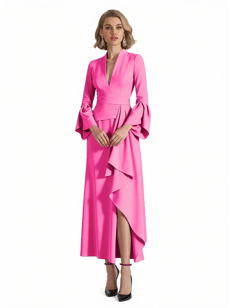 Sexy V-Neck Long Sleeves Stretchy Crepe Ruffle Ankle-Length Long Evening Gowns For Women sold by ChicSew product image thumbnail 3