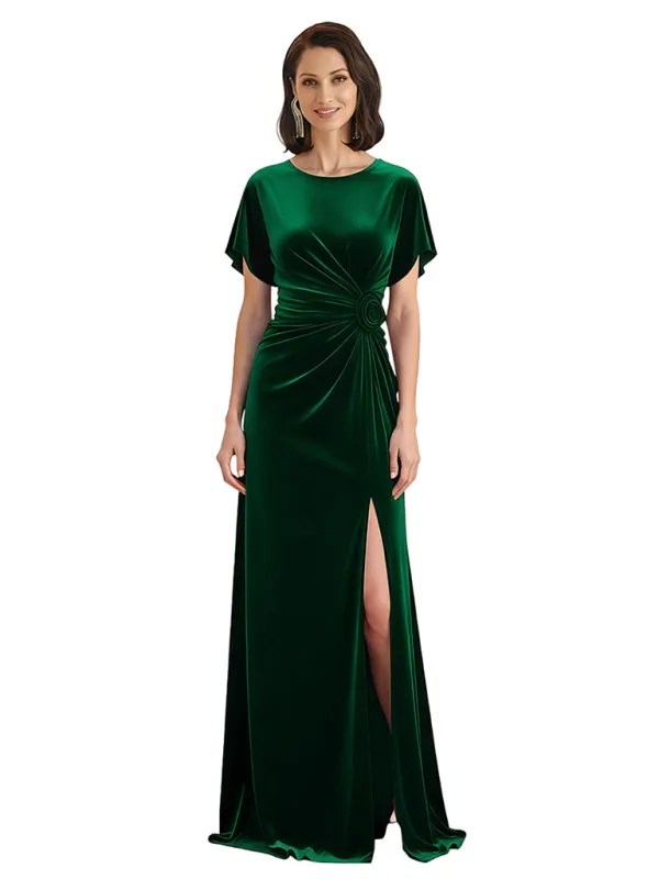 Elegant Jewel Short Sleeves Side Slit A-line Velvet Long Mother of The Dresses made by ChicSew
