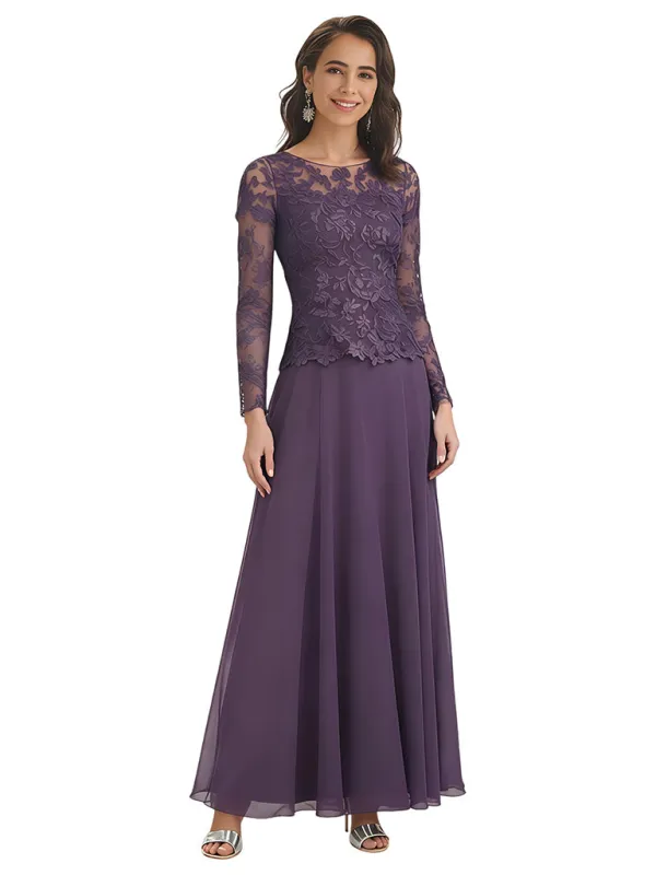 Elegant A-Line Lace Chiffon Long Sleeves Ankle-Length Mother of the Brides Dresses made by ChicSew