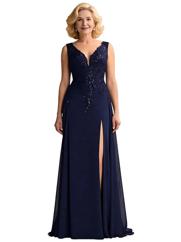 Elegant Sleeveless V-Neck Lace Applique Chiffon A-line Long Mother of The Bride Dresses Side Slit sold by ChicSew