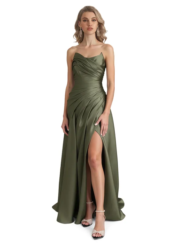 Elegant Strapless Silky Satin Pleats A-Line Long Formal Evening Gowns For Ladies sold by ChicSew