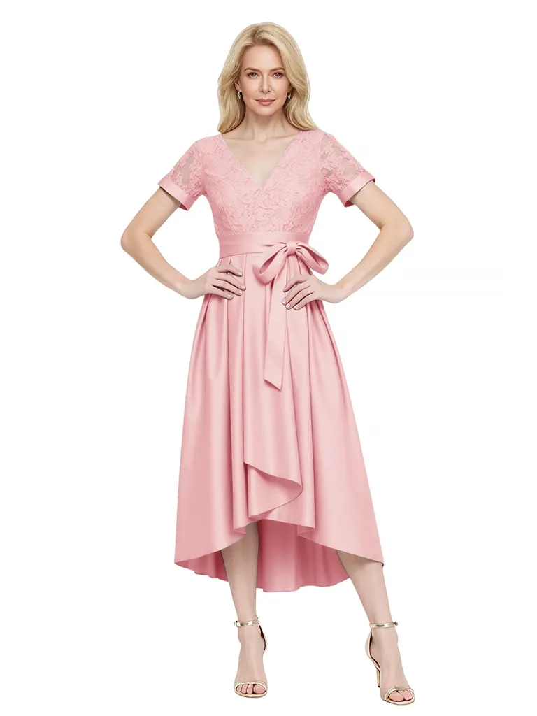 Elegant Short Sleeves V-Neck Lace Satin High Low Midi Mother of the Brides Dresses sold by ChicSew product image thumbnail 5