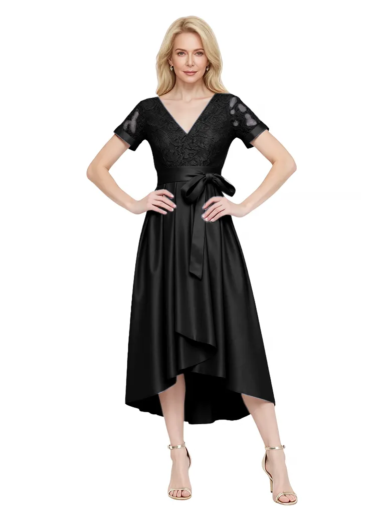 Elegant Short Sleeves V-Neck Lace Satin High Low Midi Mother of the Brides Dresses sold by ChicSew product image thumbnail 3