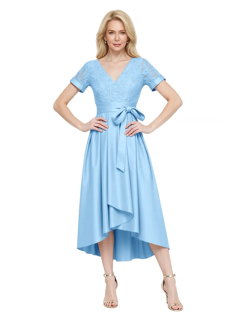 Elegant Short Sleeves V-Neck Lace Satin High Low Midi Mother of the Brides Dresses sold by ChicSew product image thumbnail 4