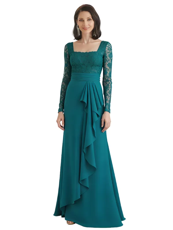 Elegant Long Sleeves Ruffle Lace Applique Chiffon A-line Long Mother of The Bride Dresses sold by ChicSew