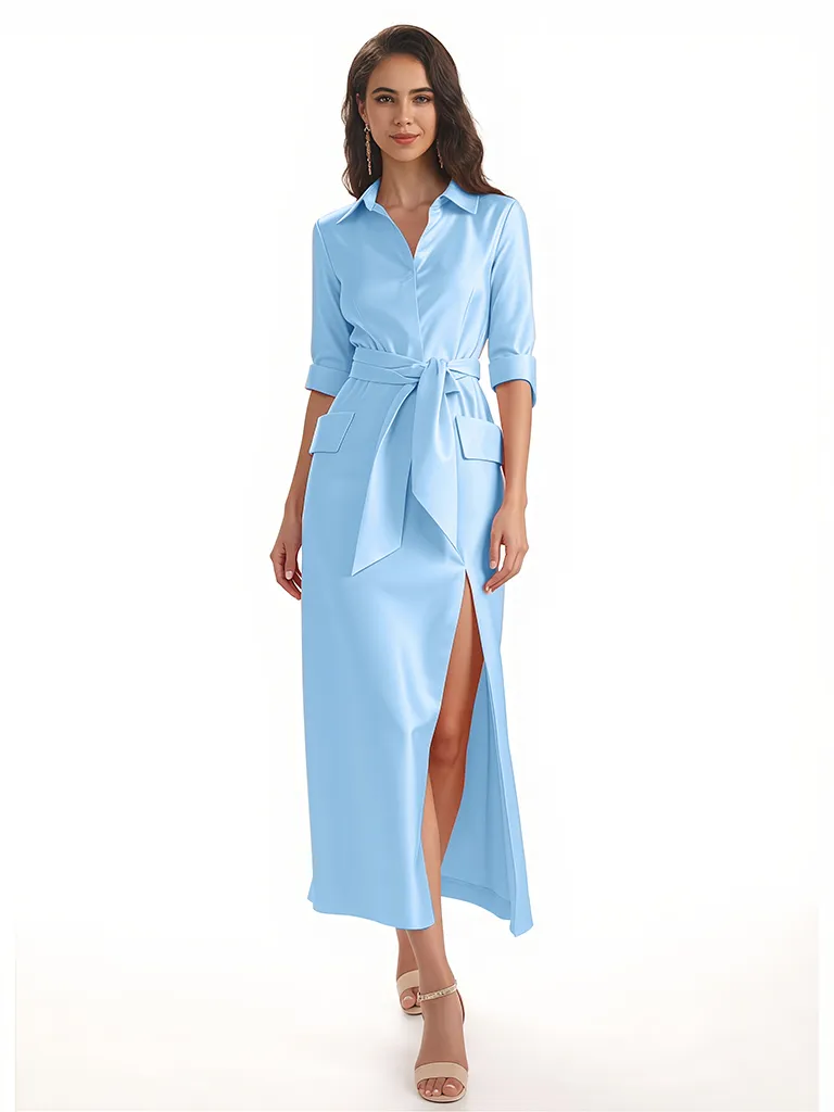 Simple Silky Satin Half Sleeves Sheath Ankle-Length Formal Evening Gowns For Women Side Slit sold by ChicSew product image thumbnail 4