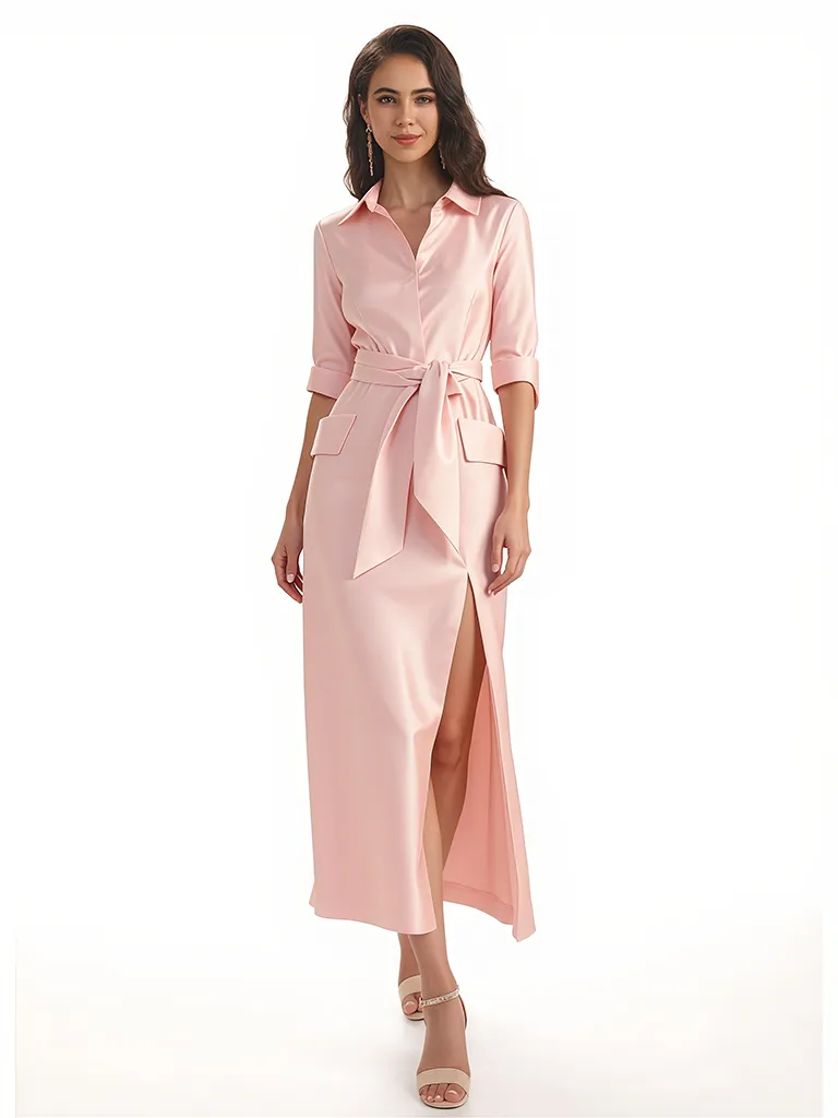 Simple Silky Satin Half Sleeves Sheath Ankle-Length Formal Evening Gowns For Women Side Slit sold by ChicSew