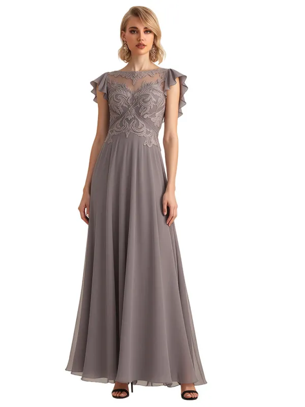 Elegant Flutter Sleeves Lace Applique Chiffon A-line Long Mother of The Bride Dresses sold by ChicSew