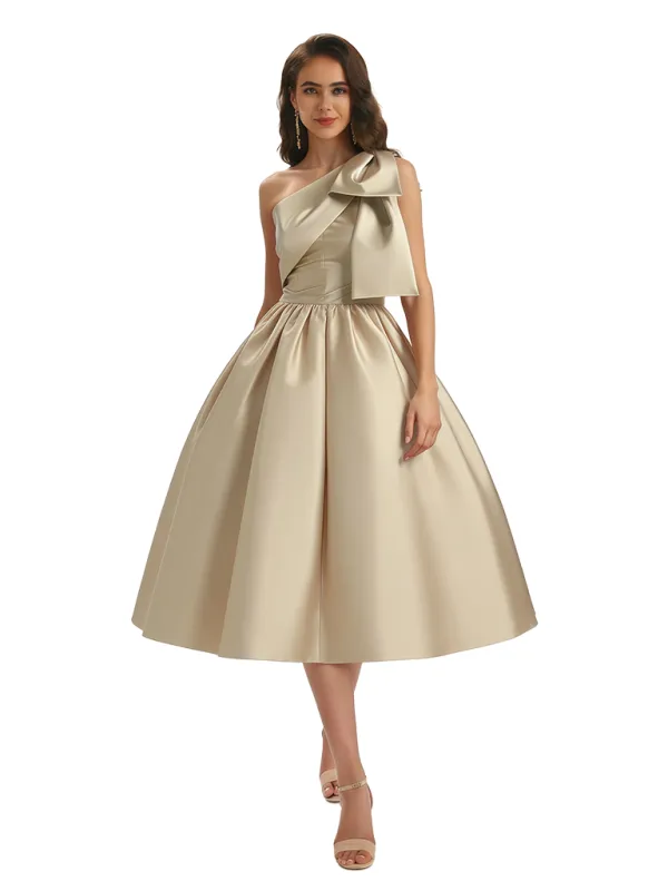 Sexy One Shoulder Silky Satin Bow A-Line Midi Formal Evening Gowns For Ladies sold by ChicSew