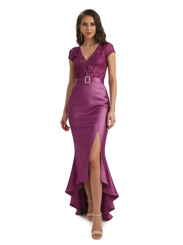 Elegant Short Sleeves Silky Satin Side Slit High-Low Long Formal Evening Dresses For Women sold by ChicSew