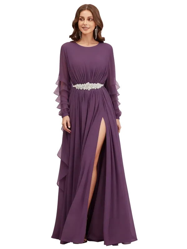 Elegant Scoop Long Sleeves Chiffon A-line Long Mother of The Bride Dresses sold by ChicSew