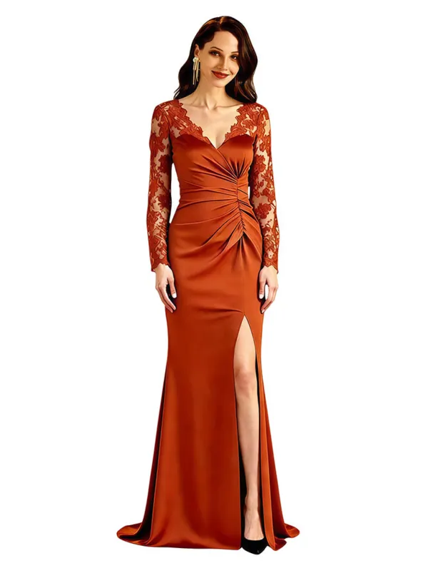 Elegant V-Neck Long Sleeves Lace Satin Side Slit Mermaid Long Mother Of The Bride Dresses sold by ChicSew