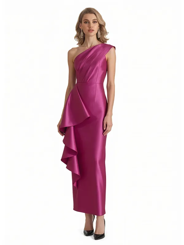 Sexy One Shoulder Silky Satin Ruffle Sheath Ankle-Length Formal Evening Gowns For Women sold by ChicSew