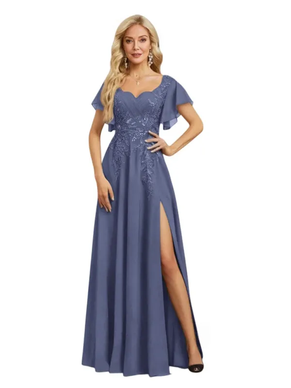 Elegant Bell Sleeves Side Slit Chiffon Mermaid Long Mother of The Bride Dresses made by ChicSew