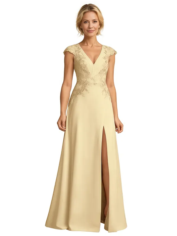 Elegant Satin V-Neck Cap Sleeves Side Slit A-Line Unique Long Mother Of The Bride Dresses sold by ChicSew