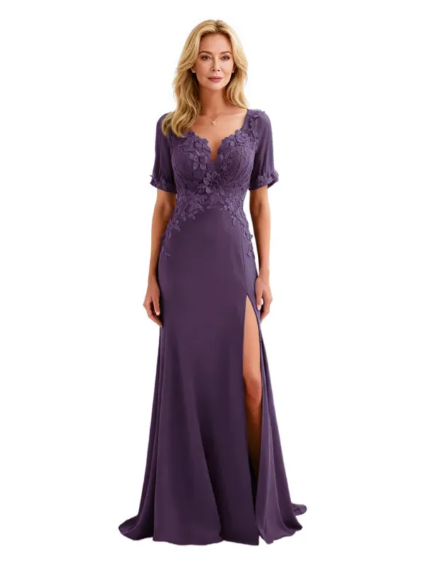 Elegant V-Neck Half Sleeves Chiffon Mermaid Long Mother of The Bride Dresses sold by ChicSew
