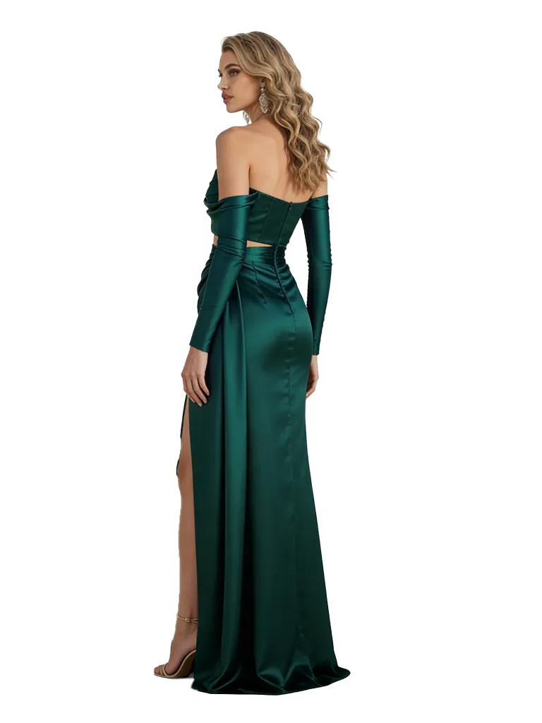 Sexy Asymmetrical Long Sleeves Silky Satin Side Slit Mermaid Long Formal Evening Dresses For Women sold by ChicSew product image thumbnail 2