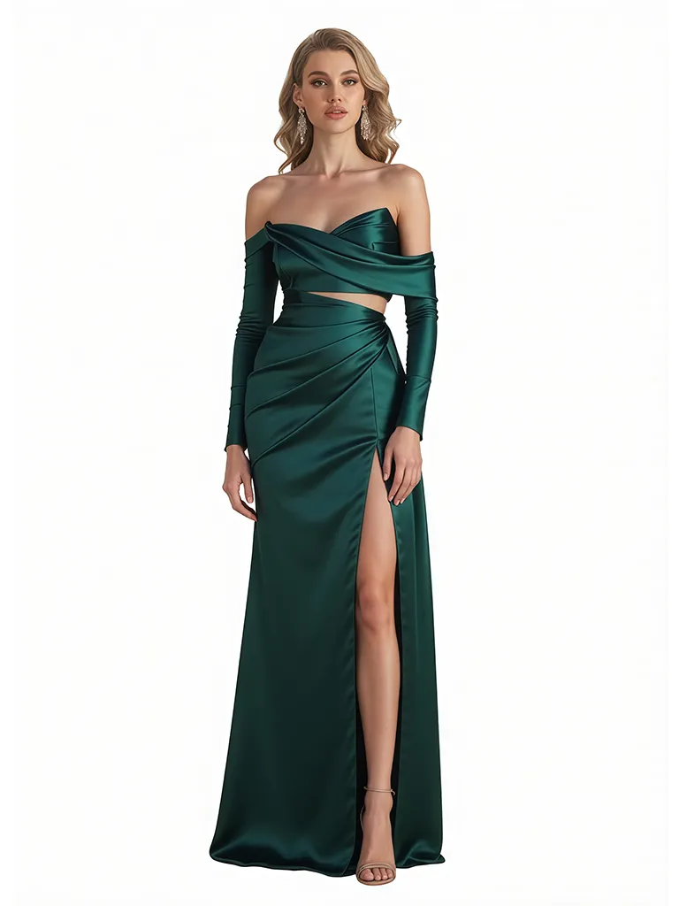 Sexy Asymmetrical Long Sleeves Silky Satin Side Slit Mermaid Long Formal Evening Dresses For Women sold by ChicSew