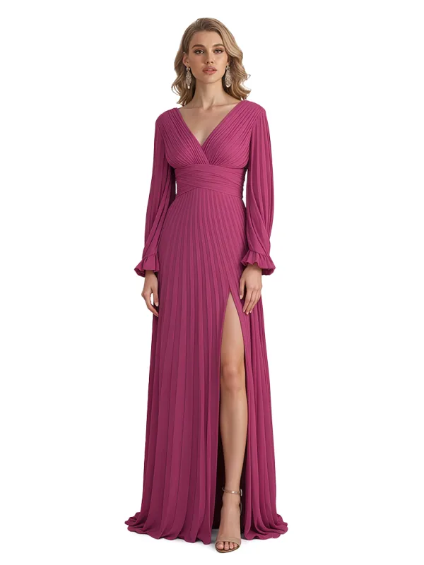 Elegant Chiffon V-Neck Long Sleeves A-Line Side Slit Long Mother of The Bride Dresses sold by ChicSew