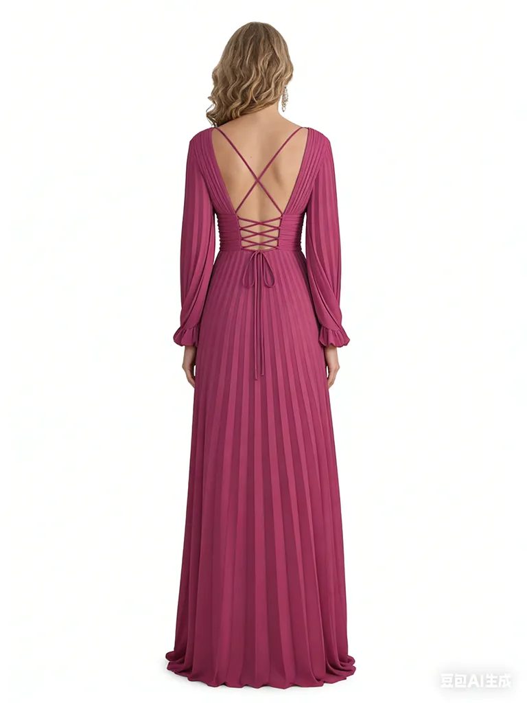 Elegant Chiffon V-Neck Long Sleeves A-Line Side Slit Long Mother of The Bride Dresses sold by ChicSew product image thumbnail 2