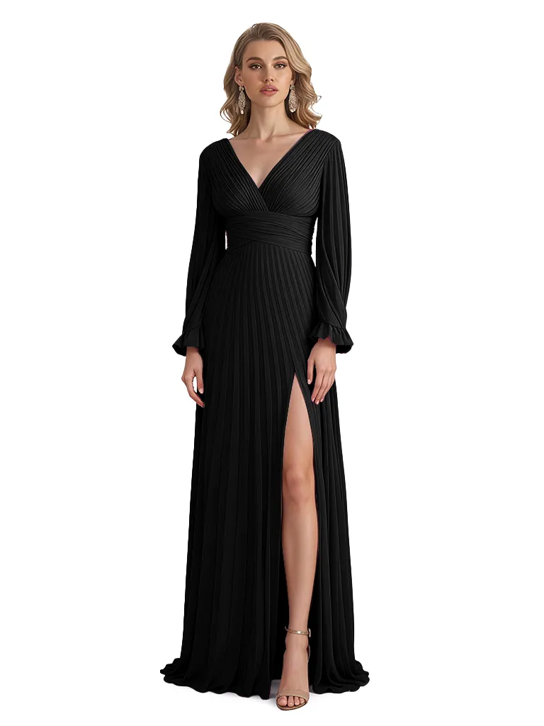 Elegant Chiffon V-Neck Long Sleeves A-Line Side Slit Long Mother of The Bride Dresses sold by ChicSew product image thumbnail 3