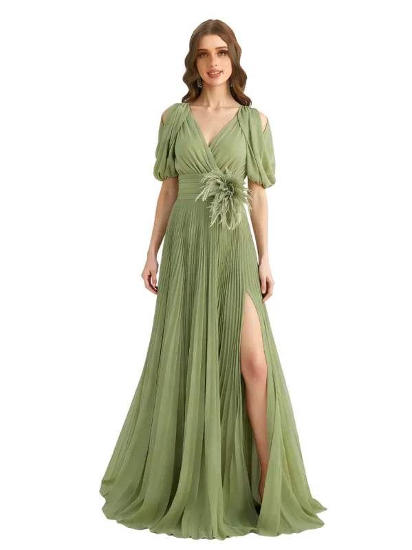 Casual Chiffon V-neck Half Sleeves A-Line Long Mother of The Bride Dresses Side Slit sold by ChicSew
