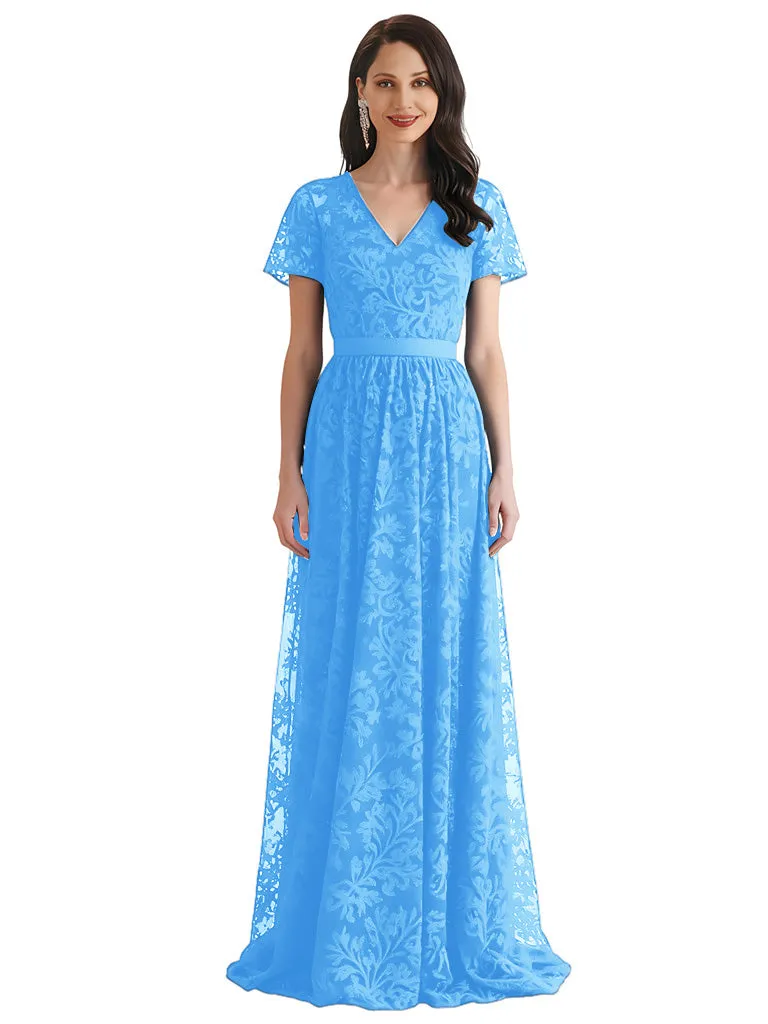 Lace V-neck Short Sleeves A-line Long Mother of The Bride Dresses sold by ChicSew product image thumbnail 4