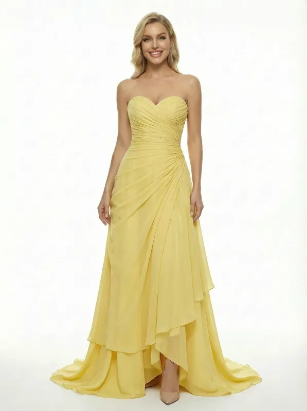 Modern Strapless Ruched Chiffon Gown Beautiful Layered Skirt A-Line Long Prom Dress sold by ChicSew