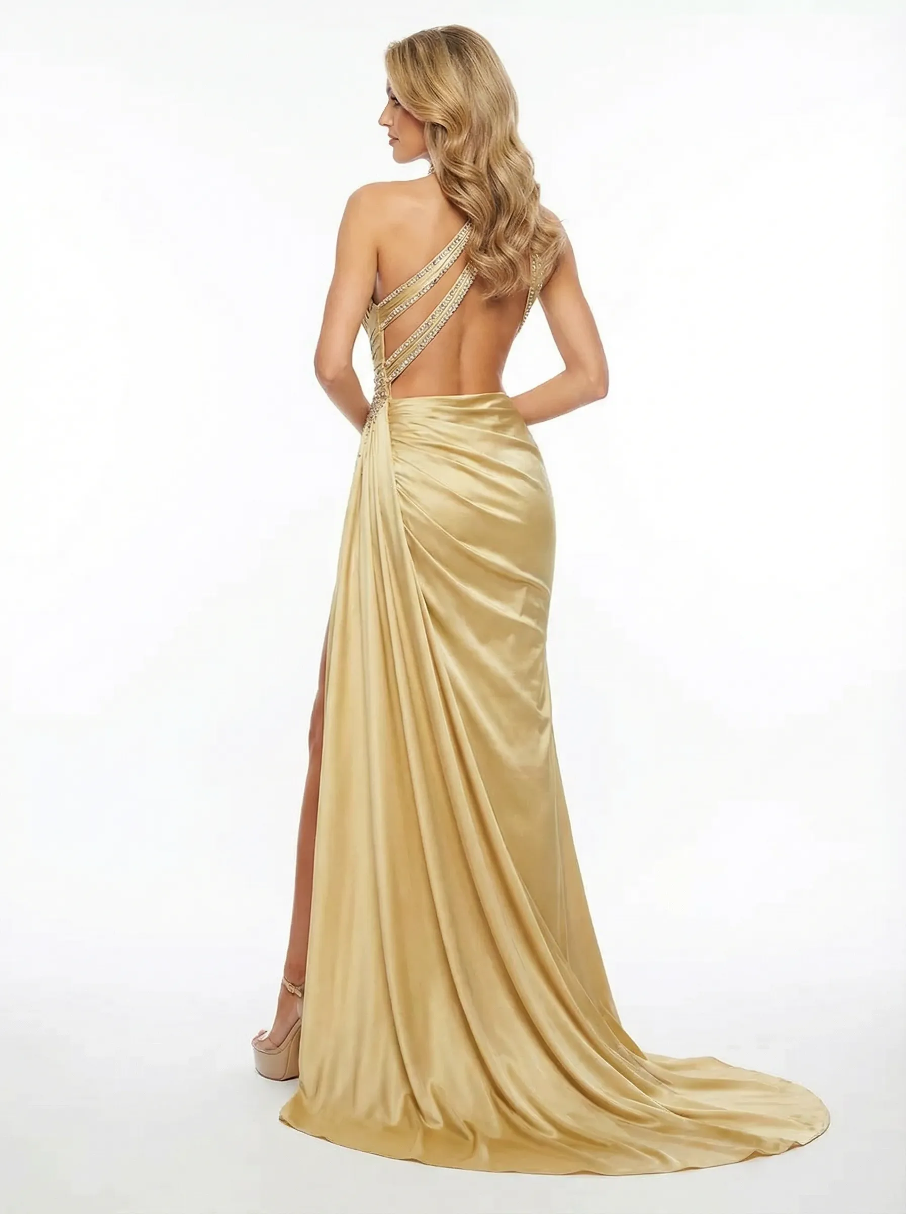 ChicSew Unique High Neck Prom Gown Sexy One Shoulder Satin Dress Straps sold by ChicSew product image thumbnail 2