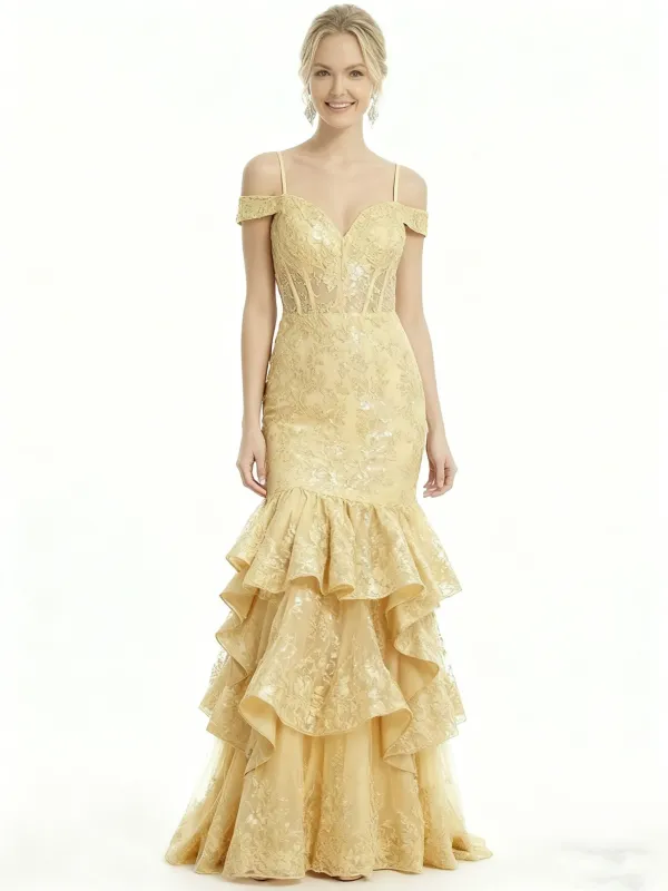 Elegant Cold Shoulder Mermaid Prom Gown Classy Tiered Ruffle Lace Long Formal Dress sold by ChicSew